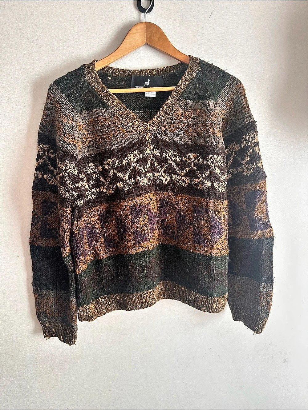 Peruvian Connection 100% Wool Geometric V-Neck Sweater Made in Uruguay